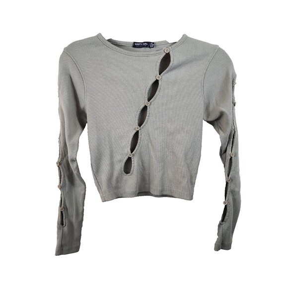Nasty Gal Womens Size 6 Green Cut Outs Button Detail Long Sleeve Cropped T-Shirt - Picture 1 of 5